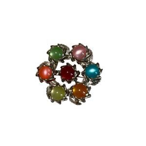 Thermoset Colorful Pin Silver Tone  Brooch Multicolored Cats Eye Glowing Beads